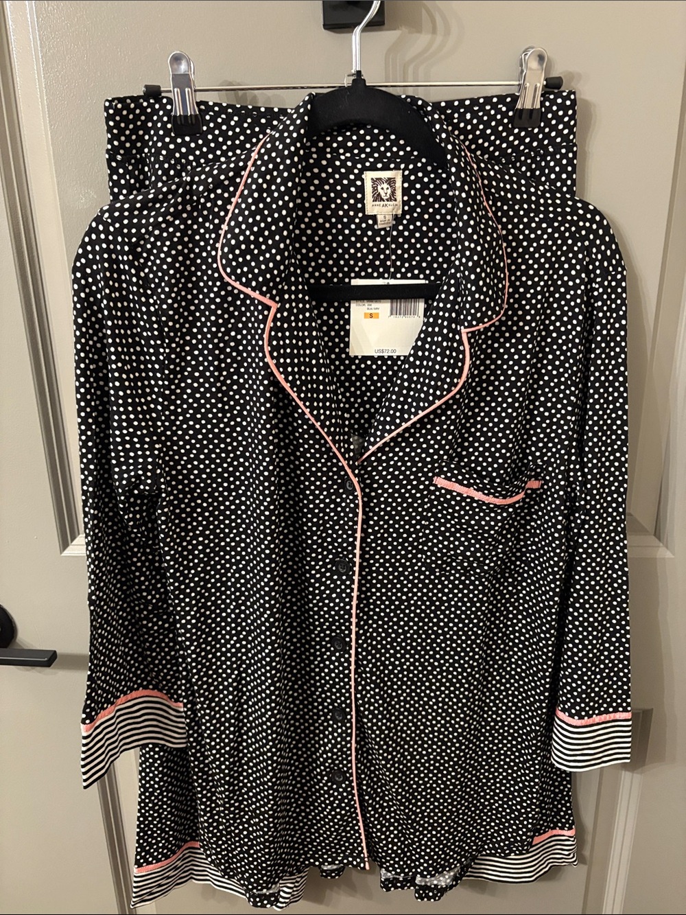 Anne Klein Black and White Polka Dot Lounge Pants with Pink Trim